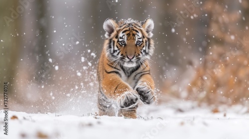 Playful Prowess in the Snow: A Tiger Cub's Spirited Run, Its Coat Contrasting with the Snowy Terrain.