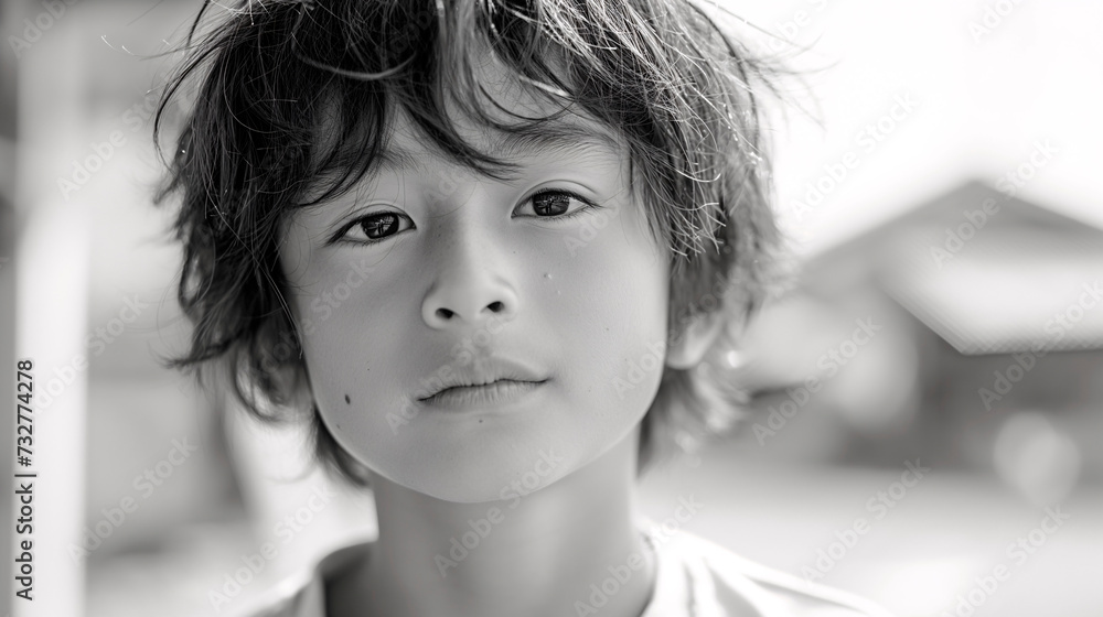 Naklejka premium Retrato de niño japonés joven, morena de ojos negros, primer plano, con fondo desenfocado