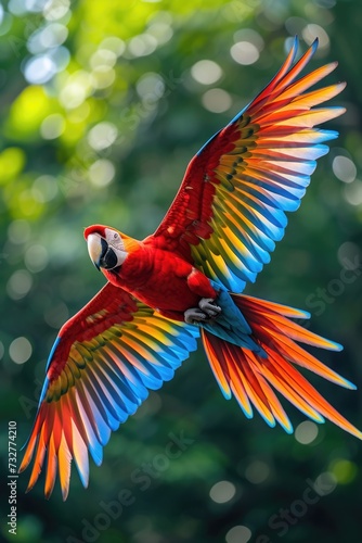 A Red Macaw Soars, Capturing the Freedom of Flight Against the Sky's Expanse. © Landscape Planet