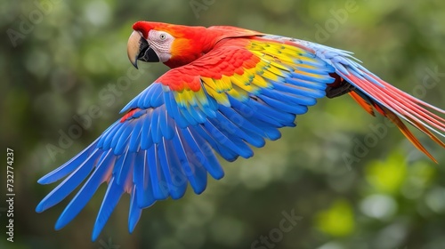 Flight of Vibrance: The Majestic Red Macaw Glides, Its Brilliant Plumage Aglow in the Sunlight.