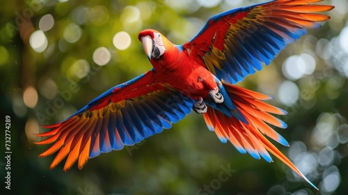The Majestic Flight of a Red Macaw, Wings Spread Wide Under the Open Sky. © Landscape Planet