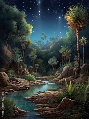 Starlit Desert Oasis Forest Wall Art     Night Landscape  Desert Scene