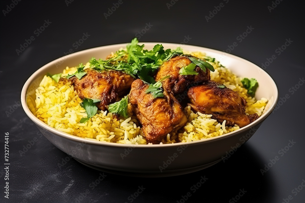 Indian Butter chicken with basmati rice in bowl, spices, background. Space for text. Butter chicken, traditional Indian dish. Chicken tikka masala. Indian cuisine concept. Indian Butter chicken with basmati rice in bowl, spices, background. Space for text. Butter chicken, traditional Indian dish. Chicken tikka masala. Indian cuisine concept.