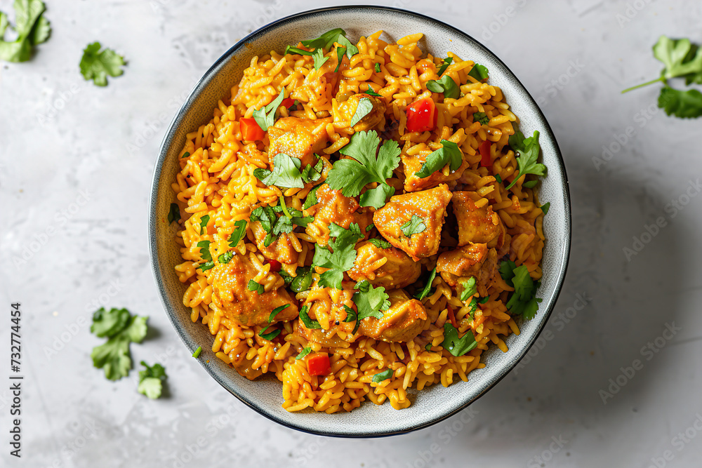 Indian Butter chicken with basmati rice in bowl, spices, background. Space for text. Butter chicken, traditional Indian dish. Chicken tikka masala. Indian cuisine concept. Indian Butter chicken with basmati rice in bowl, spices, background. Space for text. Butter chicken, traditional Indian dish. Chicken tikka masala. Indian cuisine concept.