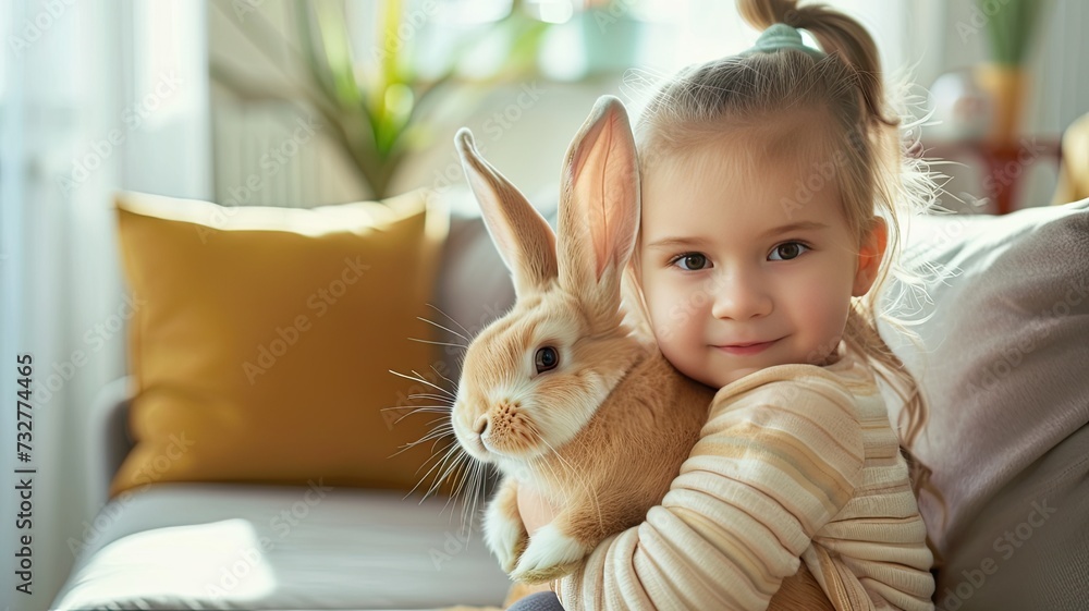 a little girl cradles an Easter bunny in a sleek, living room, where the contrast between the timeless symbol of the bunny and the contemporary style of the setting is strikingly evident. a little girl cradles an Easter bunny in a sleek, living room, where the contrast between the timeless symbol of the bunny and the contemporary style of the setting is strikingly evident.