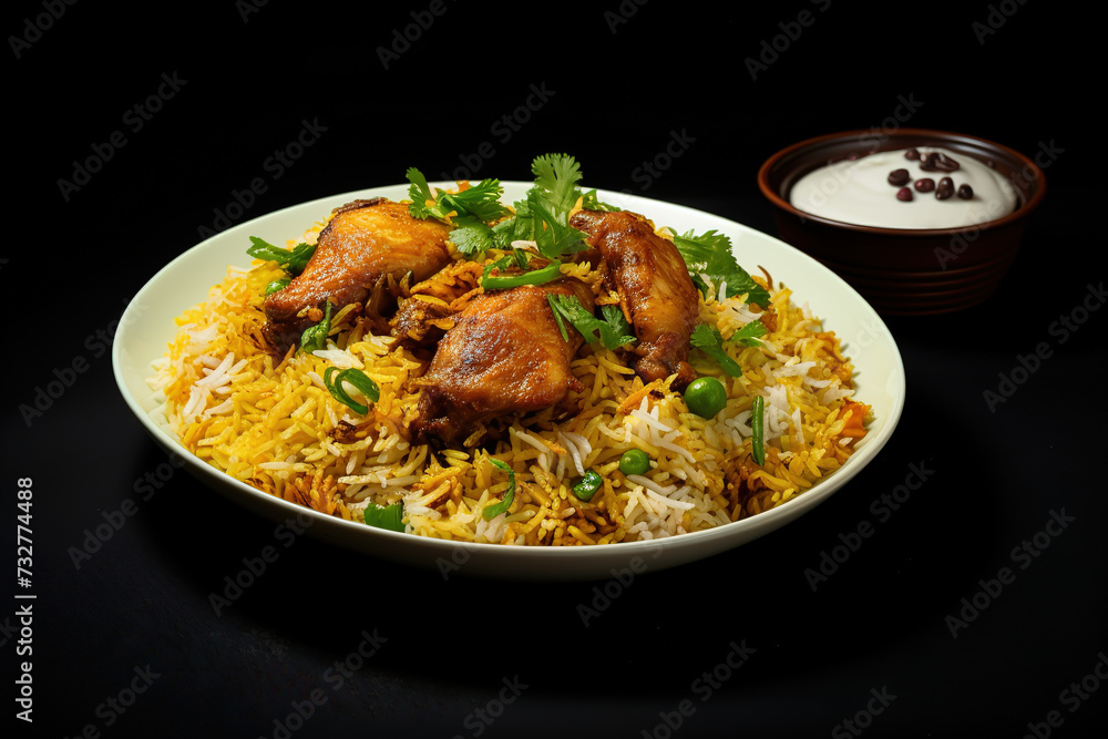 Indian Butter chicken with basmati rice in bowl, spices, background. Space for text. Butter chicken, traditional Indian dish. Chicken tikka masala. Indian cuisine concept.