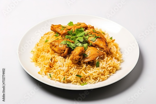 Indian Butter chicken with basmati rice in bowl, spices, background. Space for text. Butter chicken, traditional Indian dish. Chicken tikka masala. Indian cuisine concept.