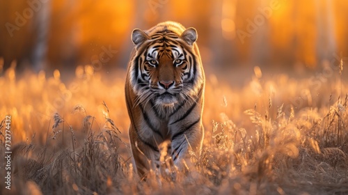 A Tiger in Its Natural Splendor, Strolling Under the First Rays of Dawn in the Wilderness.