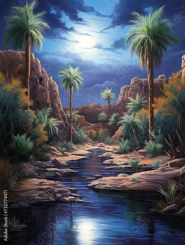 Starlit Desert Oasis  Night Sky Artwork - Impressionist Landscape and Desert Print