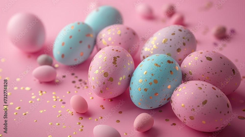 An arrangement of easter eggs on a pink background, in the style of light gold and sky-blue, dotted, confetti-like dots. Generative AI. An arrangement of easter eggs on a pink background, in the style of light gold and sky-blue, dotted, confetti-like dots. Generative AI.