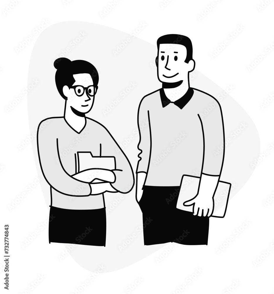 A woman with documents in a folder and a man with a laptop. Mentor and student in practice. Flat style illustration with black outline meaning office theme. A woman with documents in a folder and a man with a laptop. Mentor and student in practice. Flat style illustration with black outline meaning office theme.