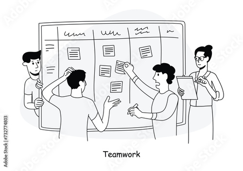 Office Workers stand around a Flipchart and discuss the current routine while pointing to tasks. Flat style illustration signifying cohesive teamwork on a project. Kanban methodology