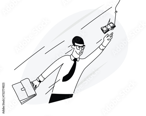 The office worker reaches for the money, which is set on a fishing hook. A business metaphor meaning to deceive in order to profit from inexperienced and naive people who want to make risky money.