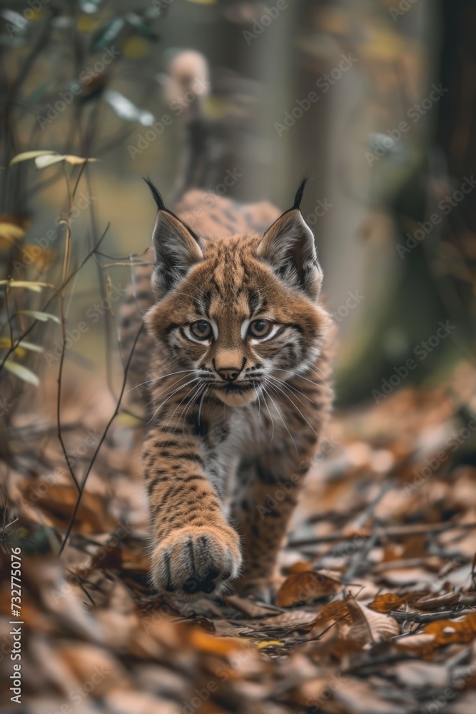 a lynx cub runs throughout a forest a lynx cub runs throughout a forest