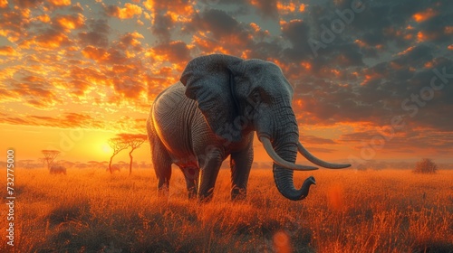 The Graceful Silhouette of an Elephant Under the Amber Glow of a Near Sunset Landscape.