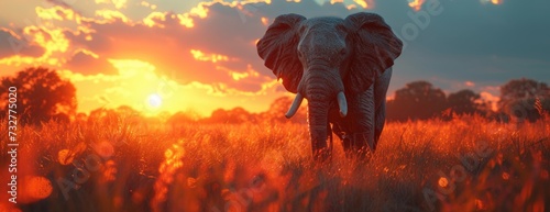 An Elephant Poised Peacefully on the Horizon, Illuminated by the Soft Light of Sunset.