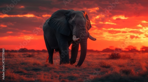 An Elephant Stands Alone, Enveloped by the Warmth and Beauty of the Approaching Night.