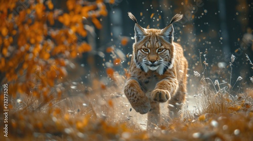 a young lynx animal running through a forest