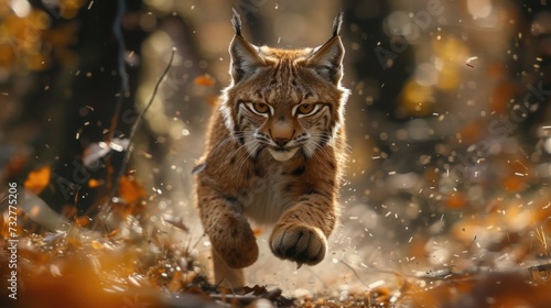 a young lynx animal running through a forest