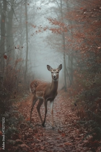 a deer walking in the fog through a forest