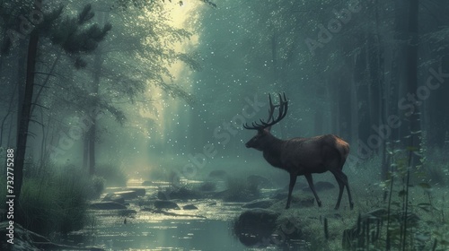 a deer is walking through the forest during mist and fog