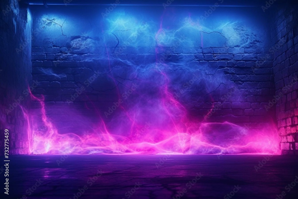 Abstract neon lines in smoke on an old concrete wall with purple and blue lights. Cyberpunk style, futuristic colors, modern design, energy pattern. Generative AI