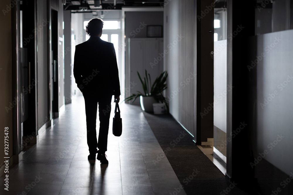 Silhouette of a businessman in full height, a man inside the office walks along the corridor, companies, an employee in a business suit. Silhouette of a businessman in full height, a man inside the office walks along the corridor, companies, an employee in a business suit.