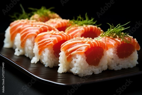 Salmon sushi on rice pads. Generative AI