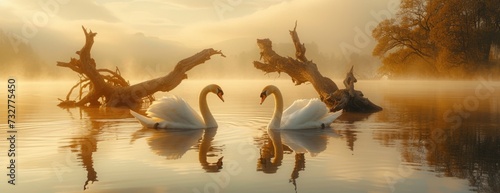 two swans floating on a lake near two fallen trees on a sunny day