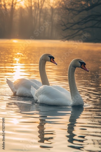two swans swimming in water on the lake