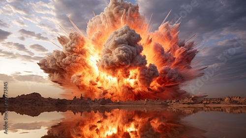 Raging explosion creates sandstorm havoc. Awesome sky intensifies the drama.