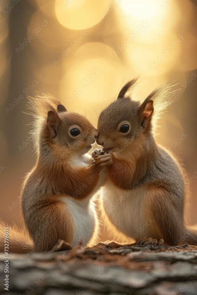 Obraz premium Two Squirrels Interacting After Feeding Time.
