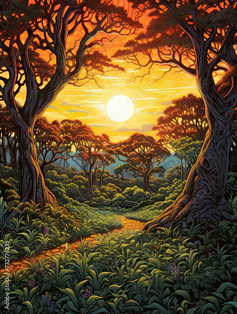Sunset in Ancient Sacred Groves - Nature Artwork with Tree Line Art