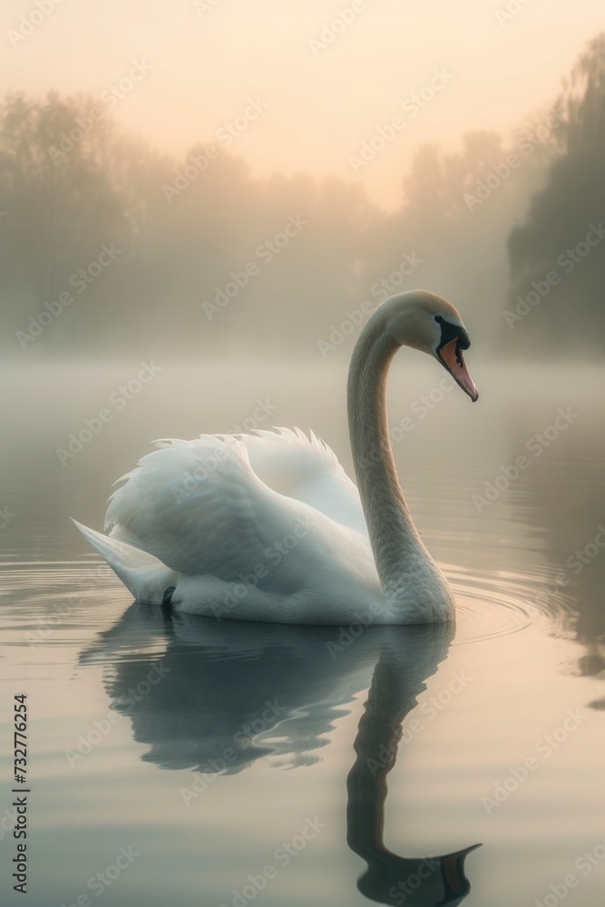 A Solo Swan's Silhouette Against the Soft Glow of a Foggy Sunrise. A Solo Swan's Silhouette Against the Soft Glow of a Foggy Sunrise.