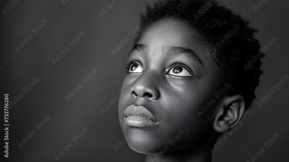 Retrato en blanco y negro de niño negro joven, morena de ojos negros, primer plano, con fondo desenfocado Retrato en blanco y negro de niño negro joven, morena de ojos negros, primer plano, con fondo desenfocado