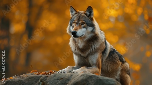 Amidst a Tapestry of Crimson and Gold  A Wolf Stands Vigil in the Autumn Woods.