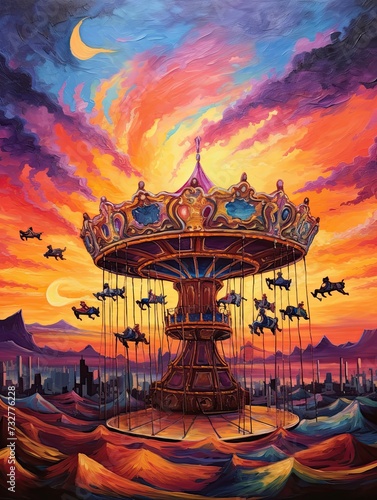 Whimsical Carousel Rides  A Vintage Sunset Painting of Amusement Art and Landscape
