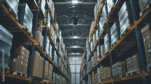 drones hovering over aisles in a warehouse, diligently scanning barcodes for precise inventory management, showcasing the seamless integration of technology into the supply chain. © lililia