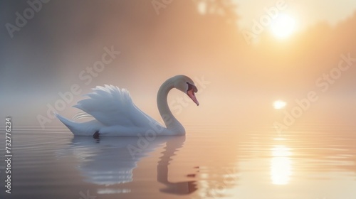 A White Swan Glides in Fog-Enshrouded Waters as Sunrise Embraces the Horizon.