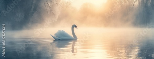 A Solo Swan s Silhouette Against the Soft Glow of a Foggy Sunrise.