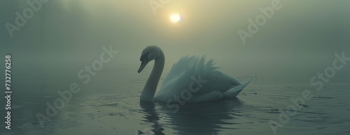 A White Swan Glides in Fog-Enshrouded Waters as Sunrise Embraces the Horizon.