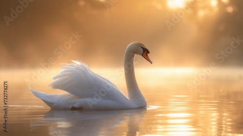 A White Swan's Peaceful Swim in the Hazy Light of Sunrise.