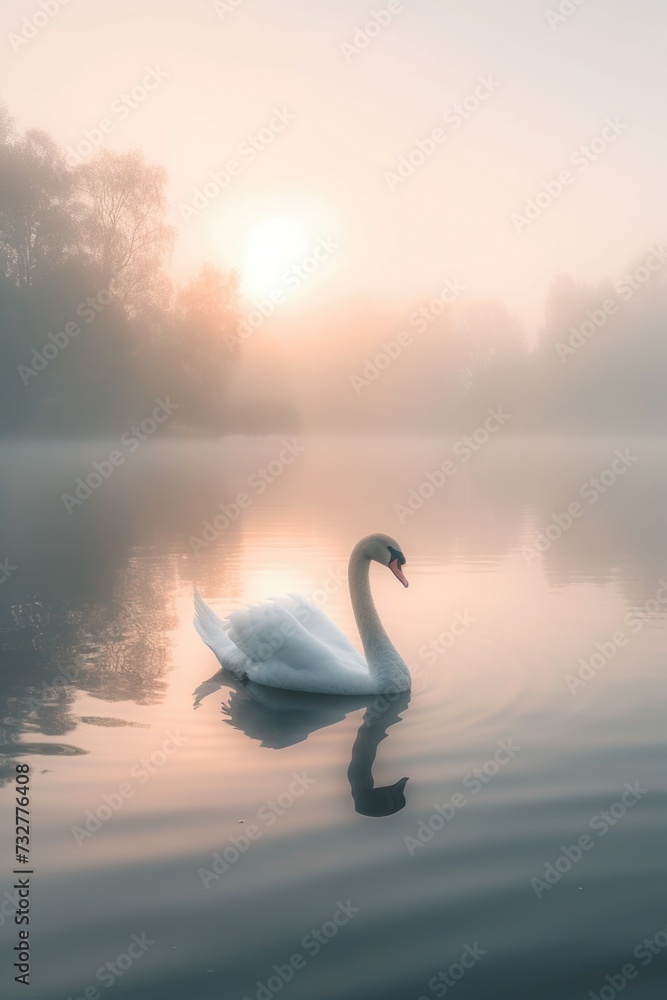 The Elegant Journey of a White Swan Across a Lake at Dawn. The Elegant Journey of a White Swan Across a Lake at Dawn.