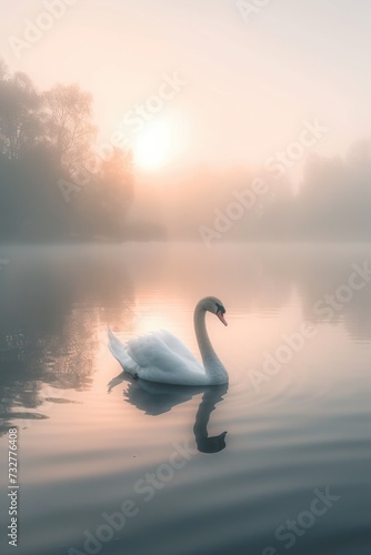 The Elegant Journey of a White Swan Across a Lake at Dawn.