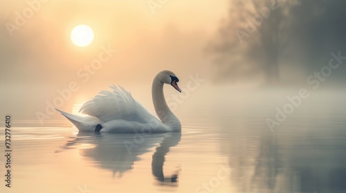 Daybreak's Reflection: A White Swan in Harmony with the Lake, Illuminated by Sunrise.