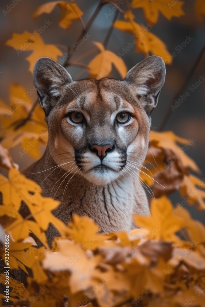 Obraz premium Mountain Lion Amidst Autumn Leaves