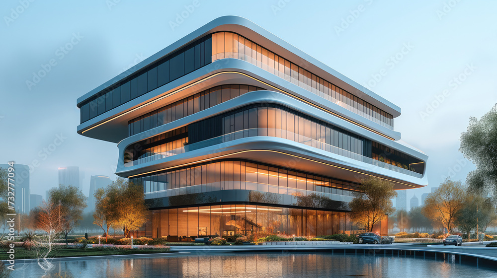 Architectural design renderings, modern style five-story office building design, the building has a sense of technology and the future. Generative AI.
