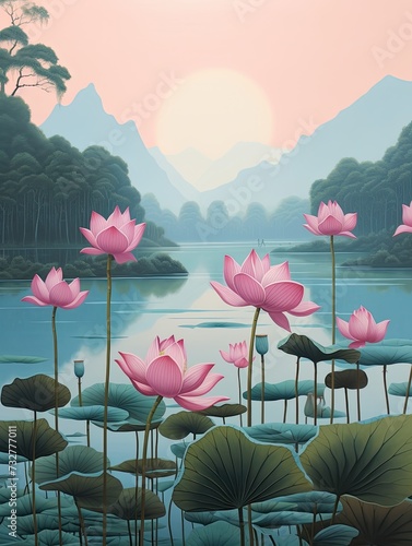 Tranquil Lotus Pond Art  Floating Flowers in a Vintage Landscape
