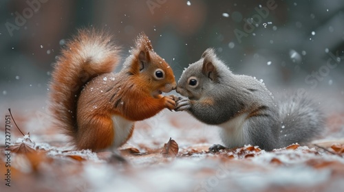 Emotive Squirrels: Two Squirrels Expressing Through Body Language on Leafy Ground.