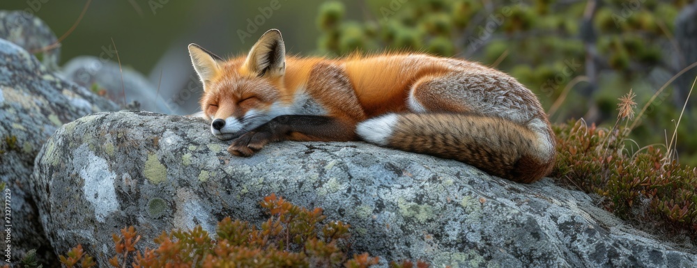 Obraz premium a beautiful red fox sleeping on a rock